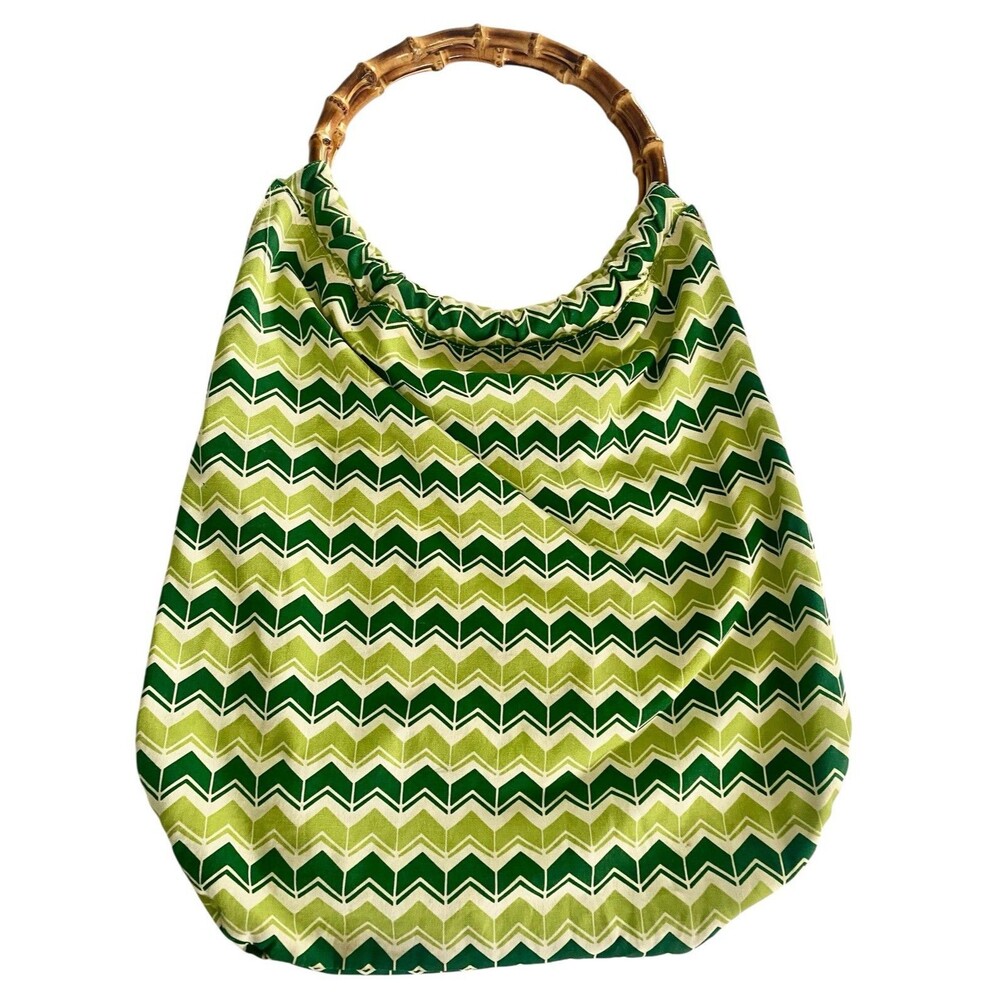 Land's End Tote Bag Bamboo Handles Reversible Green Chevron Geometric BoHo Beach